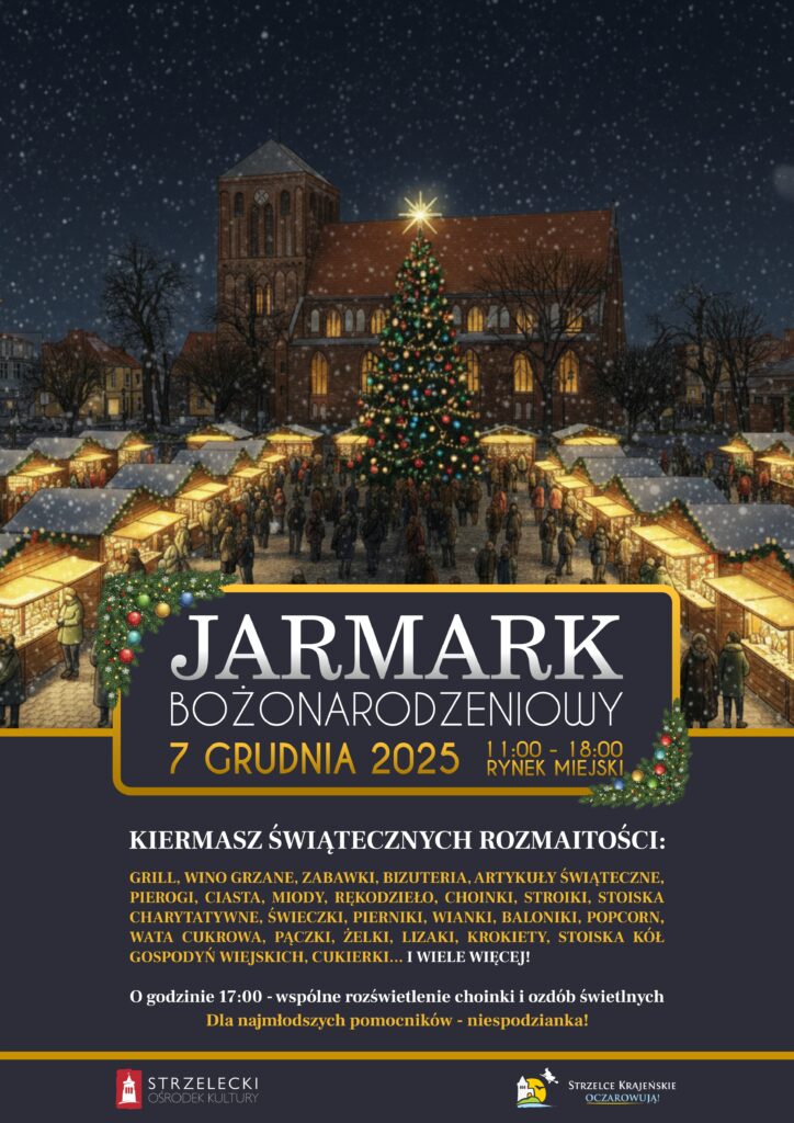 Już 7 grudnia w godzinach 11:00–18:00 Rynek Miejski w Strzelcach Krajeńskich wypełni się świąteczną atmosferą! Czeka na Was mnóstwo stoisk z klimatycznymi artykułami świątecznymi, pięknym rękodziełem, pysznym jadłem i wieloma innymi atrakcjami.
